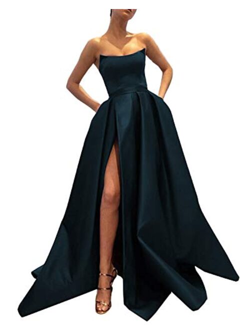 Ever-Beauty Strapless Satin Front High Slit Prom Evening Ball Gown With Pockets