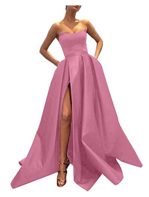 Ever-Beauty Strapless Satin Front High Slit Prom Evening Ball Gown With Pockets