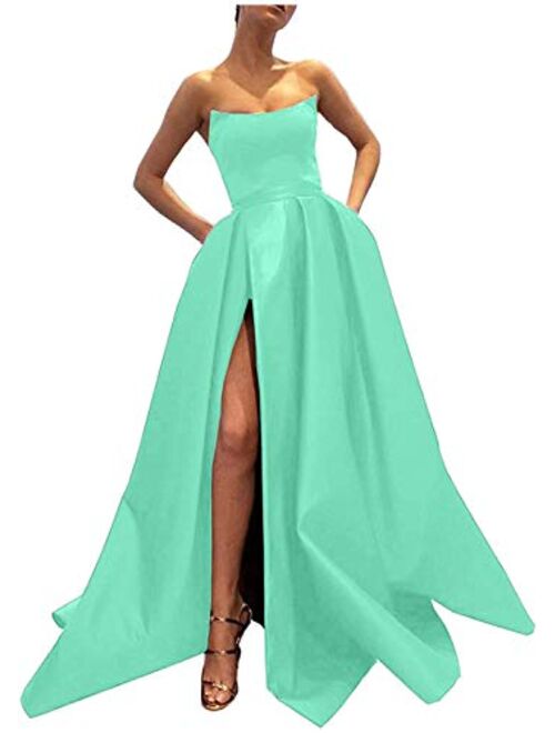 Ever-Beauty Strapless Satin Front High Slit Prom Evening Ball Gown With Pockets