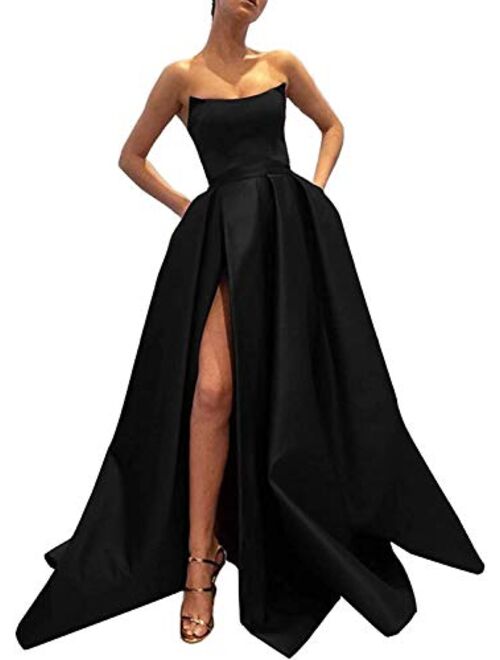 Ever-Beauty Strapless Satin Front High Slit Prom Evening Ball Gown With Pockets