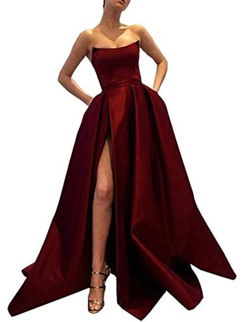 Ever-Beauty Strapless Satin Front High Slit Prom Evening Ball Gown With Pockets