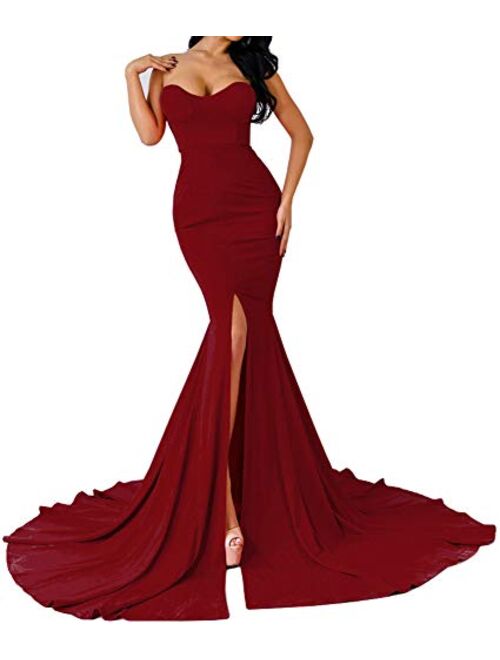 WRStore Strapless Asymmetric Front Slit Evening Party Wedding Maxi Dress