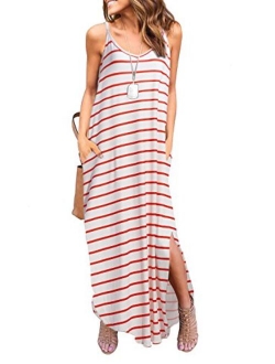 HUSKARY V Neck Strappy Short Slit Loose Beach Cover Up Long Cami Maxi Dresses With Pocket