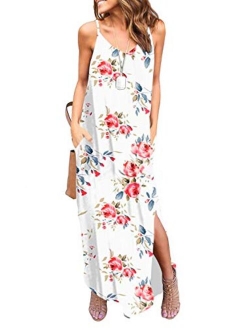 HUSKARY V Neck Strappy Short Slit Loose Beach Cover Up Long Cami Maxi Dresses With Pocket