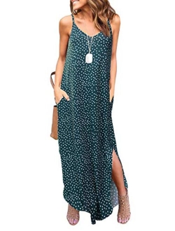 HUSKARY V Neck Strappy Short Slit Loose Beach Cover Up Long Cami Maxi Dresses With Pocket