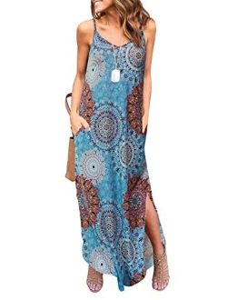 HUSKARY V Neck Strappy Short Slit Loose Beach Cover Up Long Cami Maxi Dresses With Pocket