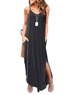 HUSKARY V Neck Strappy Short Slit Loose Beach Cover Up Long Cami Maxi Dresses With Pocket