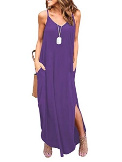 HUSKARY V Neck Strappy Short Slit Loose Beach Cover Up Long Cami Maxi Dresses With Pocket