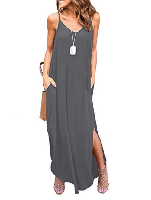 HUSKARY V Neck Strappy Short Slit Loose Beach Cover Up Long Cami Maxi Dresses With Pocket