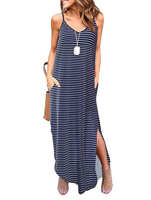 HUSKARY V Neck Strappy Short Slit Loose Beach Cover Up Long Cami Maxi Dresses With Pocket