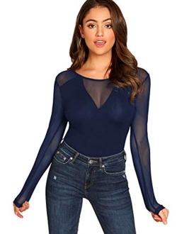 Women's Sheer Mesh Slim Fit Top Long Sleeve See Through Tee Blouse