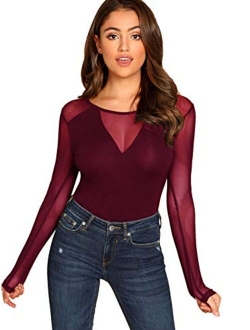 Women's Sheer Mesh Slim Fit Top Long Sleeve See Through Tee Blouse