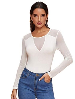 Women's Sheer Mesh Slim Fit Top Long Sleeve See Through Tee Blouse