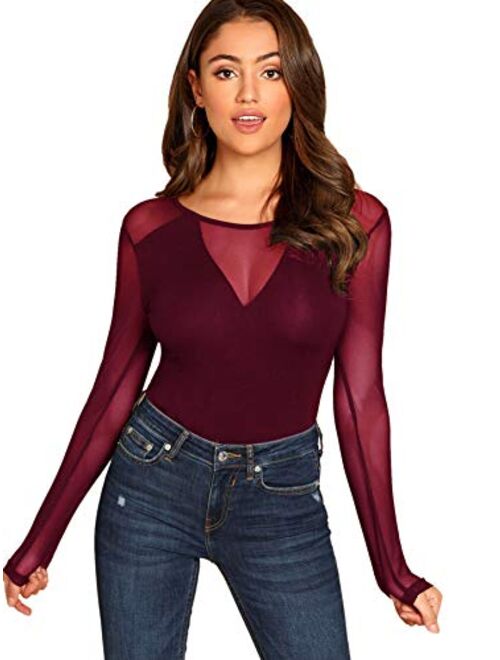 Romwe Women's Sheer Mesh Slim Fit Top Long Sleeve See Through Tee Blouse