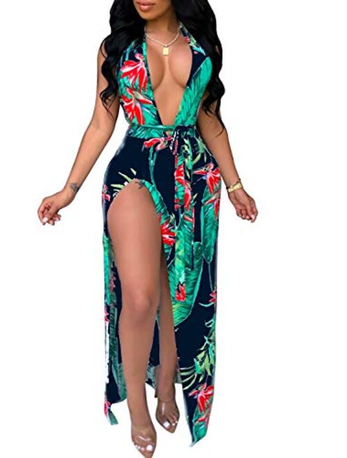 Women's Sexy Deep V Neck Backless Floral Beach Dress Double Slit Maxi Party Dress