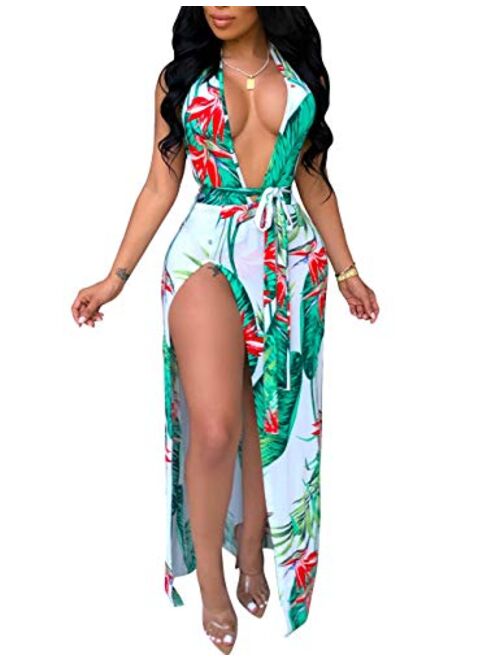 Women's Sexy Deep V Neck Backless Floral Beach Dress Double Slit Maxi Party Dress