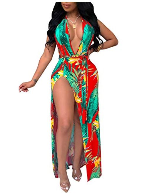 Women's Sexy Deep V Neck Backless Floral Beach Dress Double Slit Maxi Party Dress