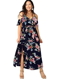 Women Plus Size Cold Shoulder Floral Maxi Bohemian Split Dress