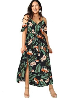 Women Plus Size Cold Shoulder Floral Maxi Bohemian Split Dress