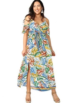 Women Plus Size Cold Shoulder Floral Maxi Bohemian Split Dress