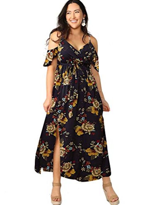 Milumia Women Plus Size Cold Shoulder Floral Maxi Bohemian Split Dress