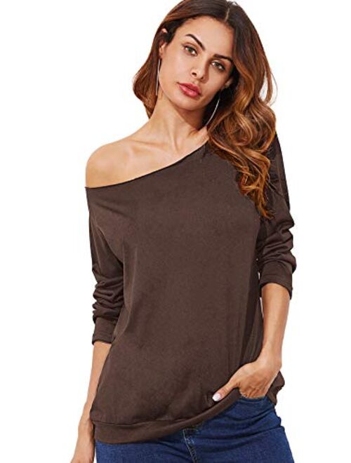 ROMWE Women's Raw Cut Off the Shoulder Long Sleeve Tee Shirt Top Blouse