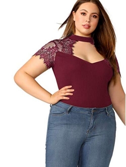 Women's Plus Size Chocker Lace Short Sleeve Deep Sweetheart Neck Slim Skinny Blouse Tops Shirt