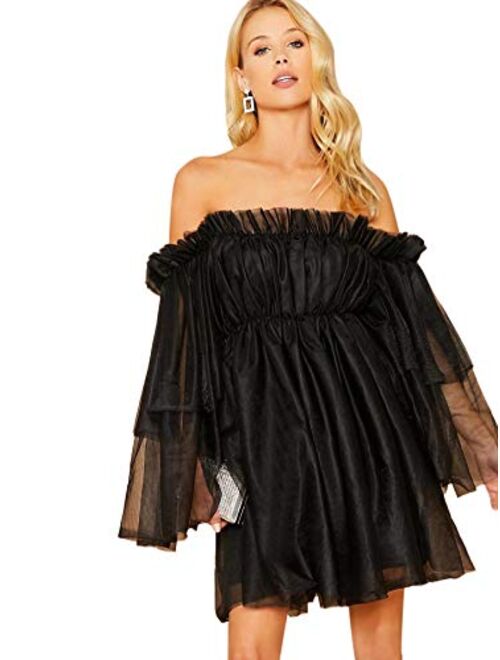 Romwe Romantic Off the Shoulder Flounce Long Sleeve Wedding Ruffle Mesh Party Mini Dress