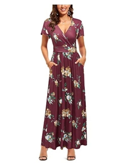 OUGES V-Neck Floral Print Side Hidden Zipper Long Maxi Summer Dress With Pocket