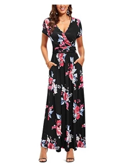 OUGES V-Neck Floral Print Side Hidden Zipper Long Maxi Summer Dress With Pocket