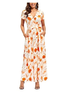 OUGES V-Neck Floral Print Side Hidden Zipper Long Maxi Summer Dress With Pocket