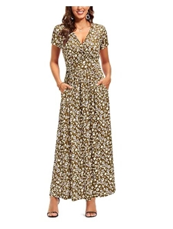 OUGES V-Neck Floral Print Side Hidden Zipper Long Maxi Summer Dress With Pocket