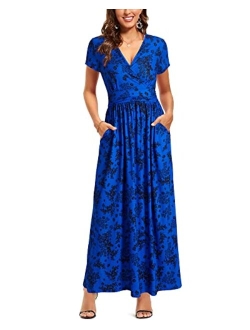 OUGES V-Neck Floral Print Side Hidden Zipper Long Maxi Summer Dress With Pocket