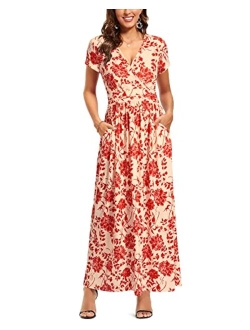 OUGES V-Neck Floral Print Side Hidden Zipper Long Maxi Summer Dress With Pocket