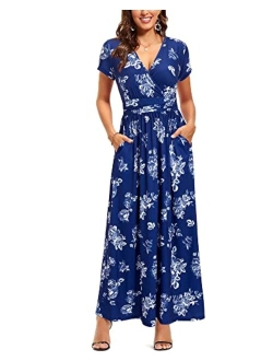 OUGES V-Neck Floral Print Side Hidden Zipper Long Maxi Summer Dress With Pocket