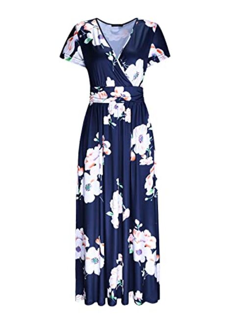 OUGES V-Neck Floral Print Side Hidden Zipper Long Maxi Summer Dress With Pocket