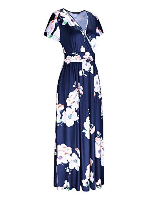 OUGES V-Neck Floral Print Side Hidden Zipper Long Maxi Summer Dress With Pocket