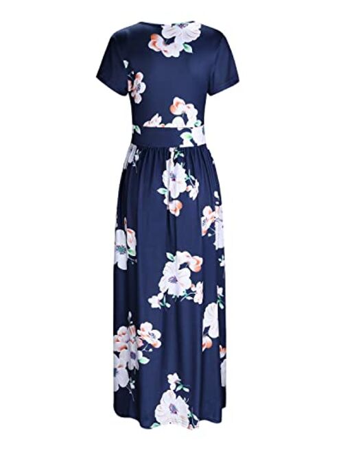 OUGES V-Neck Floral Print Side Hidden Zipper Long Maxi Summer Dress With Pocket