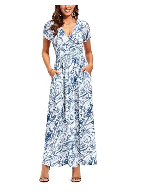 OUGES V-Neck Floral Print Side Hidden Zipper Long Maxi Summer Dress With Pocket