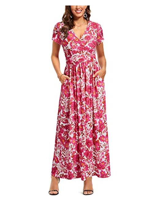 OUGES V-Neck Floral Print Side Hidden Zipper Long Maxi Summer Dress With Pocket