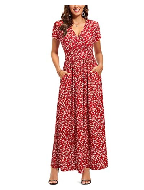 OUGES V-Neck Floral Print Side Hidden Zipper Long Maxi Summer Dress With Pocket