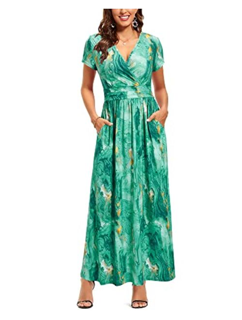 OUGES V-Neck Floral Print Side Hidden Zipper Long Maxi Summer Dress With Pocket