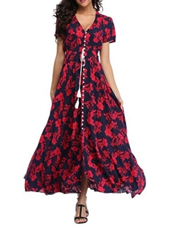 1stvital Fancy Floral V Neck Short Sleeve Button Up Front Slit Boho Maxi Summer Beach Dress 