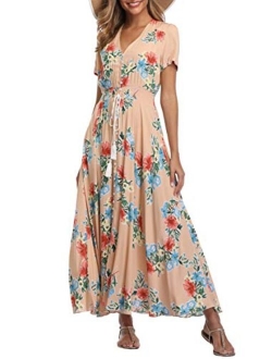 1stvital Fancy Floral V Neck Short Sleeve Button Up Front Slit Boho Maxi Summer Beach Dress 