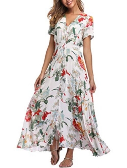 1stvital Fancy Floral V Neck Short Sleeve Button Up Front Slit Boho Maxi Summer Beach Dress 