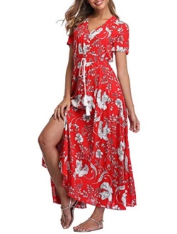 1stvital Fancy Floral V Neck Short Sleeve Button Up Front Slit Boho Maxi Summer Beach Dress 