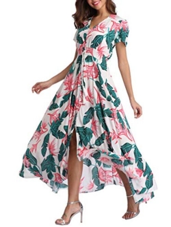 1stvital Fancy Floral V Neck Short Sleeve Button Up Front Slit Boho Maxi Summer Beach Dress 