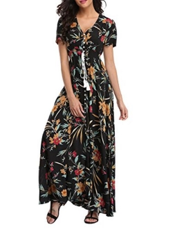 1stvital Fancy Floral V Neck Short Sleeve Button Up Front Slit Boho Maxi Summer Beach Dress 