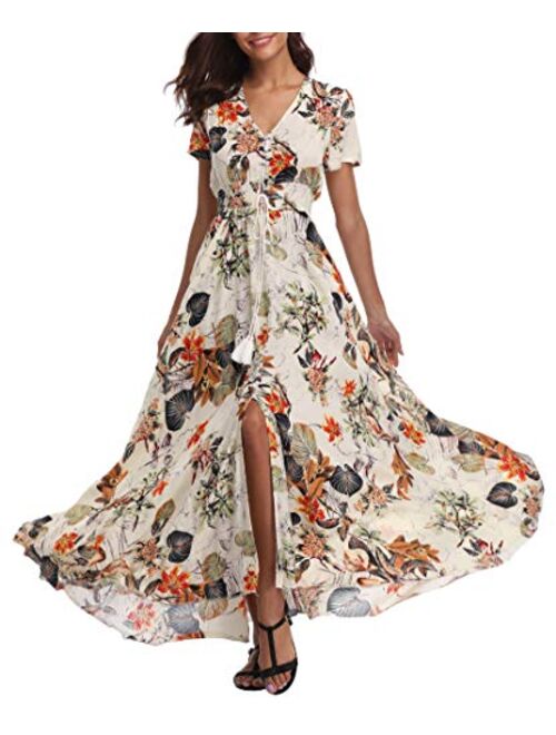 1stvital Fancy Floral V Neck Short Sleeve Button Up Front Slit Boho Maxi Summer Beach Dress 