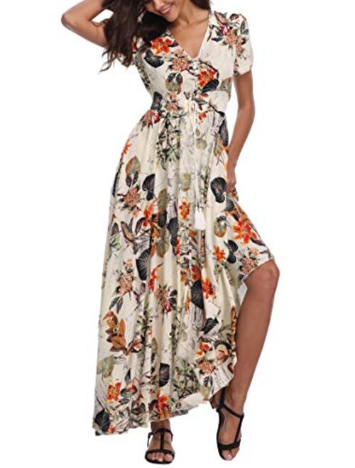 1stvital Fancy Floral V Neck Short Sleeve Button Up Front Slit Boho Maxi Summer Beach Dress 